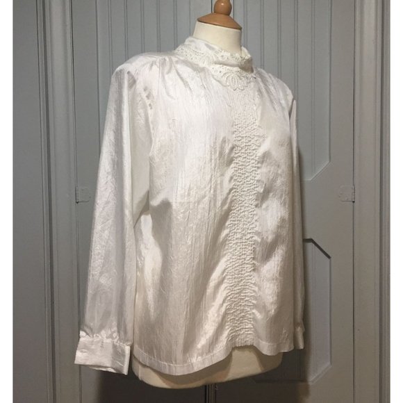 Lauren Lee Tops - Vintage CottageCore Blouse Pintuck Front High Collar Size 14 USA Lace Pearls